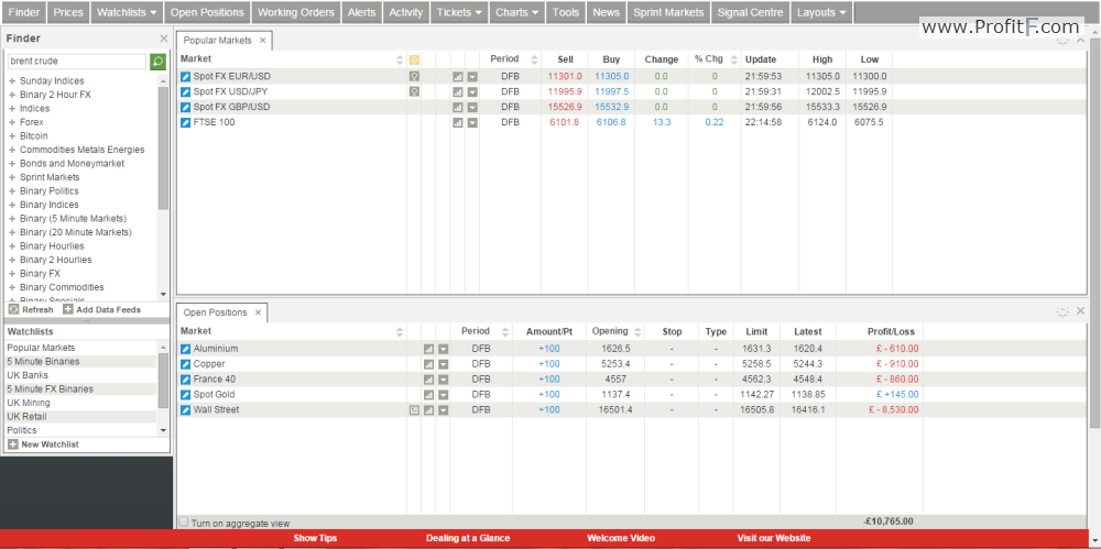 Spread betting platform screen 1