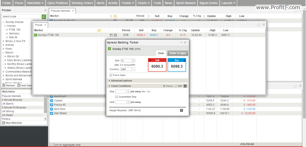 Spread betting platform screen 2