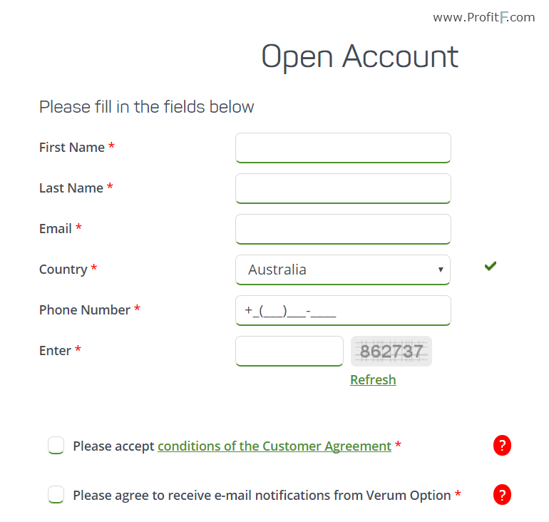 verum option Opening an Account